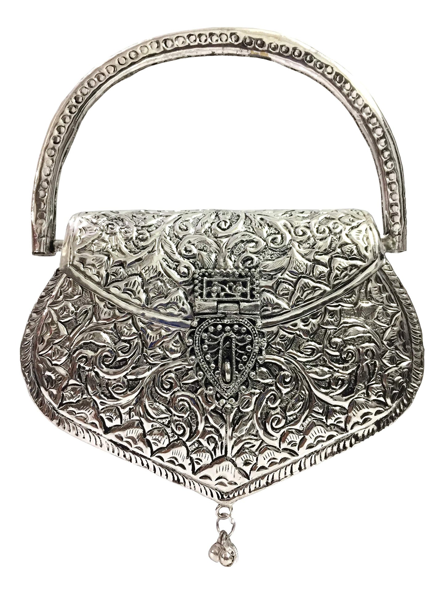 Trend Overseas Women's Brass Metal Ethnic Clutch Handle Bag (Silver)