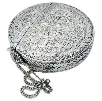 Trend Overseas Party Bridal Handmade Ethnic Brass Metal Silver color Round Shape Antique Hand Carving clutches purse