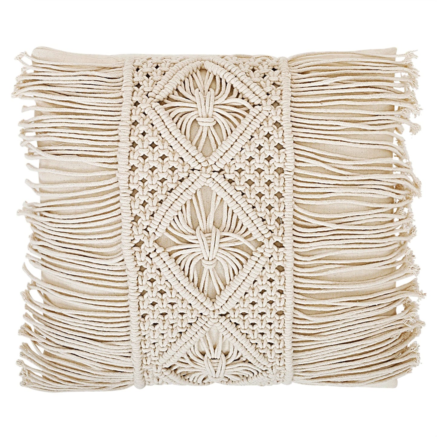 Trend Overseas Ivory Tassel Cotton Off-White Handwoven Macrame Cushion Cover Boho Handmade Knit case Sofa Decor Fringes (Square, Off-White, 16x16 Inches)