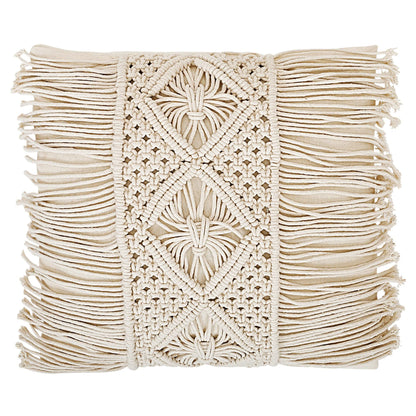 Trend Overseas Ivory Tassel Cotton Off-White Handwoven Macrame Cushion Cover Boho Handmade Knit case Sofa Decor Fringes (Square, Off-White, 16x16 Inches)