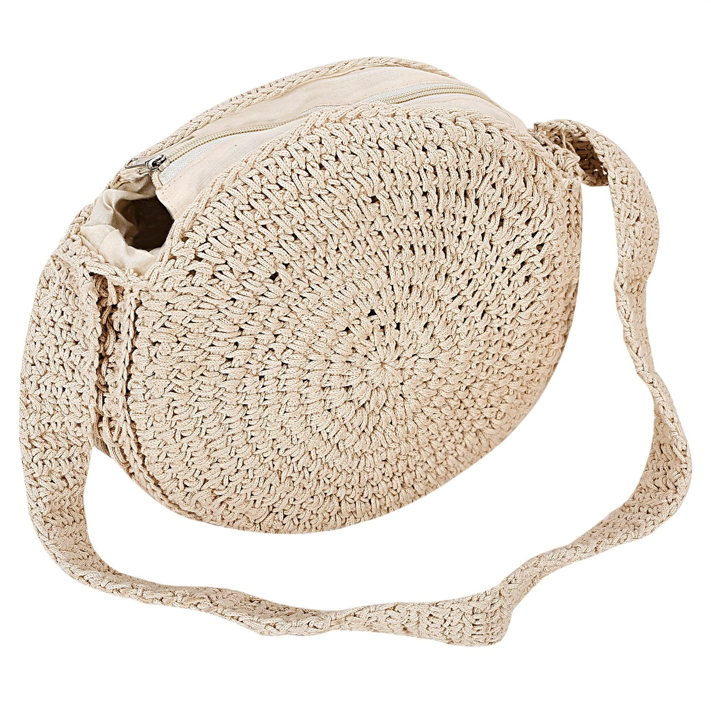 Trend Overseas Handwoven Crochet Craft Women/Girl Ivory (Off-White) Round Macrame Straw Bag Summer Beach Tote Handbags Handle Shoulder Bag