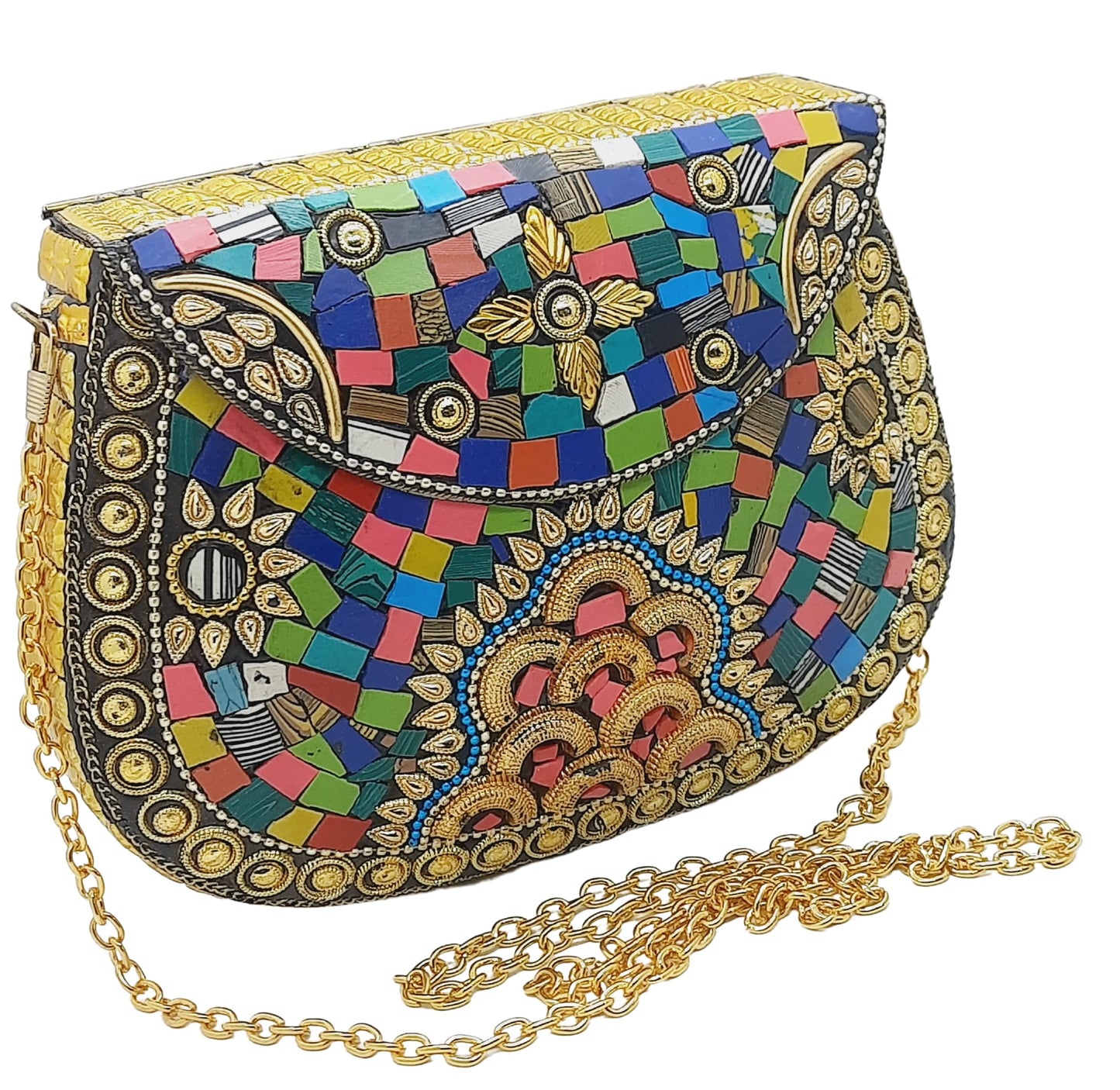 Trend Overseas Multi Color Stones Metal clutch Large Bag Mosaic clutch Wallet purse party bag for women Wedding Box