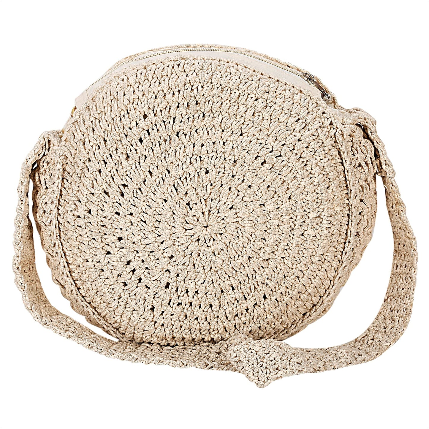 Trend Overseas Handwoven Crochet Craft Women/Girl Ivory (Off-White) Round Macrame Straw Bag Summer Beach Tote Handbags Handle Shoulder Bag