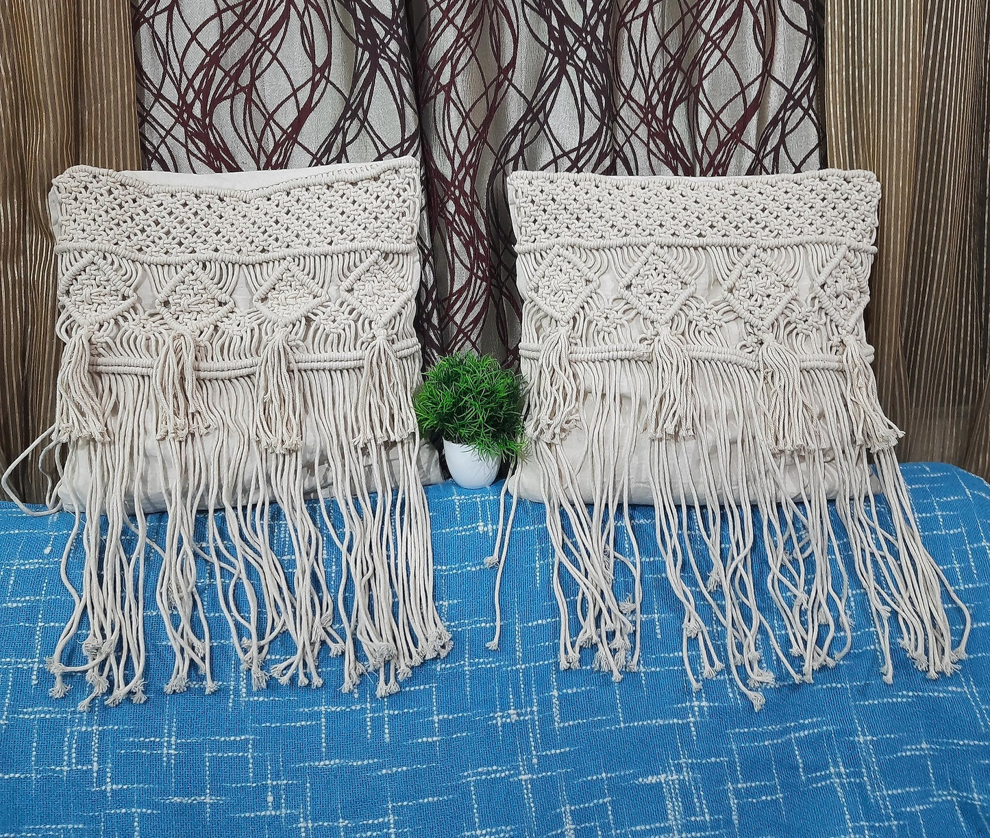 Trend Overseas Set of 2 Piece Handwoven Macrame Pillowcase Ivory Cotton Off-White Cushion Cover Sofa Decor