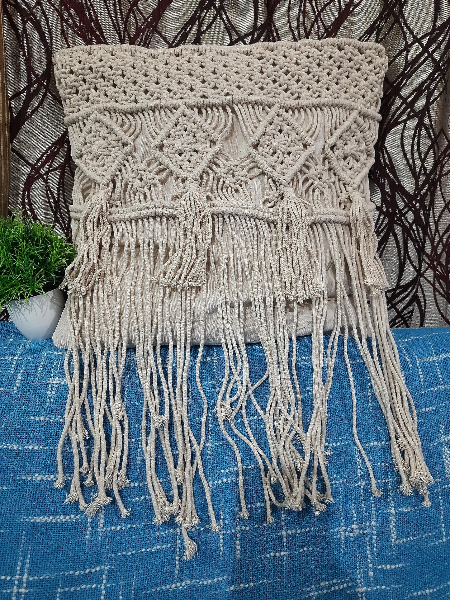 Trend Overseas Set of 2 piece Handwoven Pillowcase Ivory Cotton Off-White Macrame Cushion Cover Boho Handmade Knit case Sofa Decor Fringes