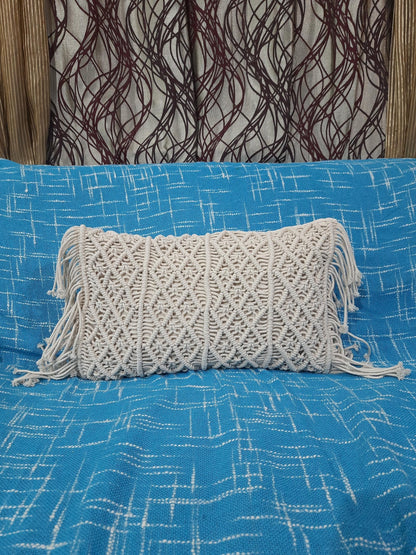 Trend Overseas Set of 2 Pieces Pillowcase Ivory Cotton Off-White Handwoven Macrame Cushion Cover Boho Handmade Knit case Sofa Decor Fringes