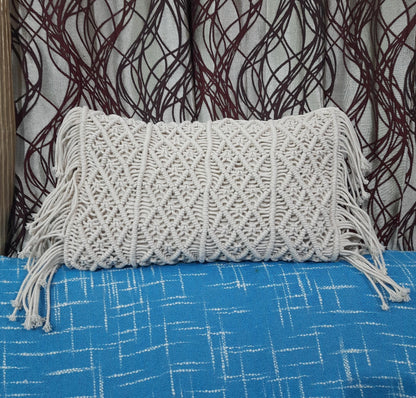 Trend Overseas Set of 2 Pieces Pillowcase Ivory Cotton Off-White Handwoven Macrame Cushion Cover Boho Handmade Knit case Sofa Decor Fringes