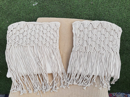 Trend Overseas Pack of 2 Pillowcase Ivory Cotton Off-White Handwoven Macrame Cushion Cover Boho Handmade Knit case Sofa Decor Fringes (Square, Off-White, 16x16 Inches)